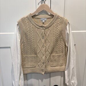 EVEREVE Cable Knit Sweater Vest with Poplin Puff Sleeves Size Small Neutral Crea